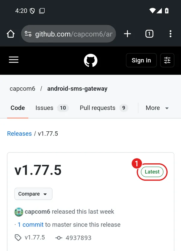 GitHub 릴리스 화면, 버전 옆 Latest 표시에 빨간 동그라미