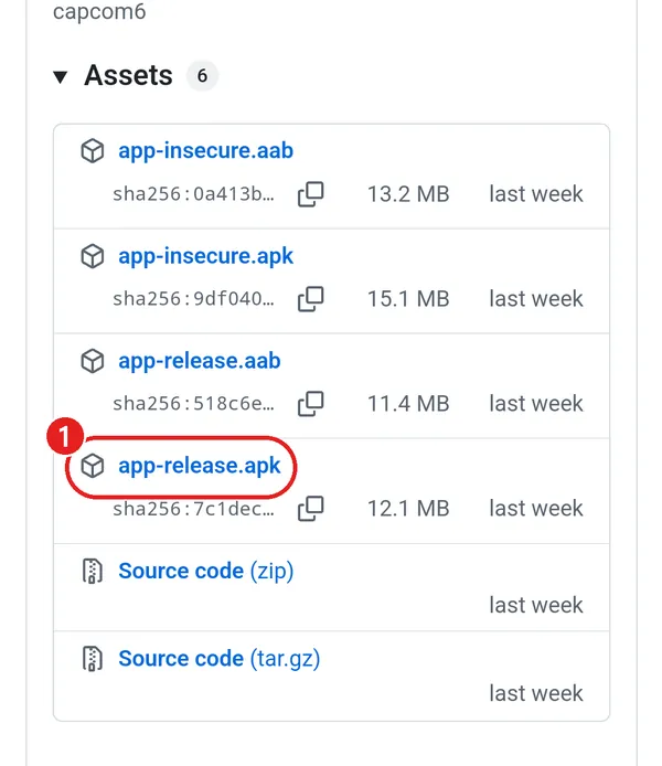 Assets 목록에서 app-release.apk에 빨간 동그라미