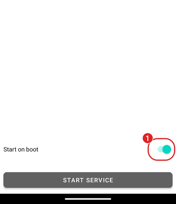 SMSGate 첫 화면 아래쪽 Start on boot 스위치에 빨간 동그라미 1